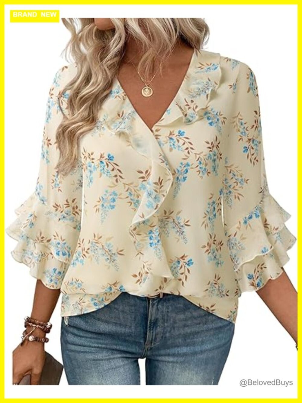 3/4 Sleeve V-Neck Ruffle Blouse Dressy Business Top Work Shirt